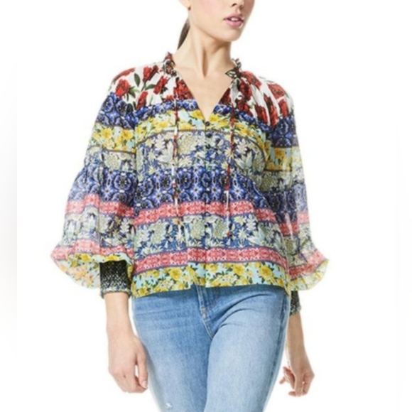 Alice and Olivia Marlyn Tie-Neck Button-Down Tiered Blouse - Picture 5 of 9